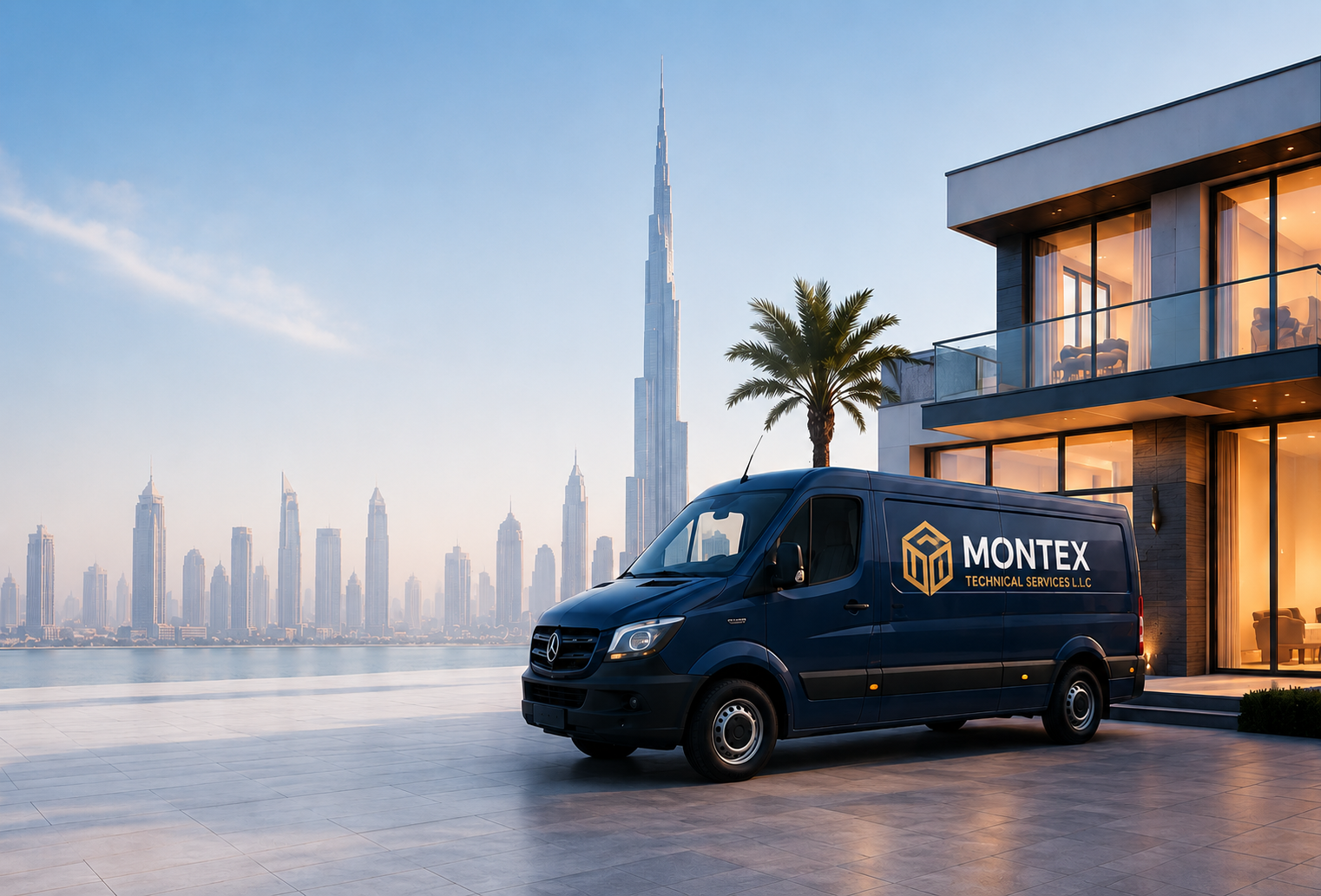 Montex service van outside a luxury Dubai villa