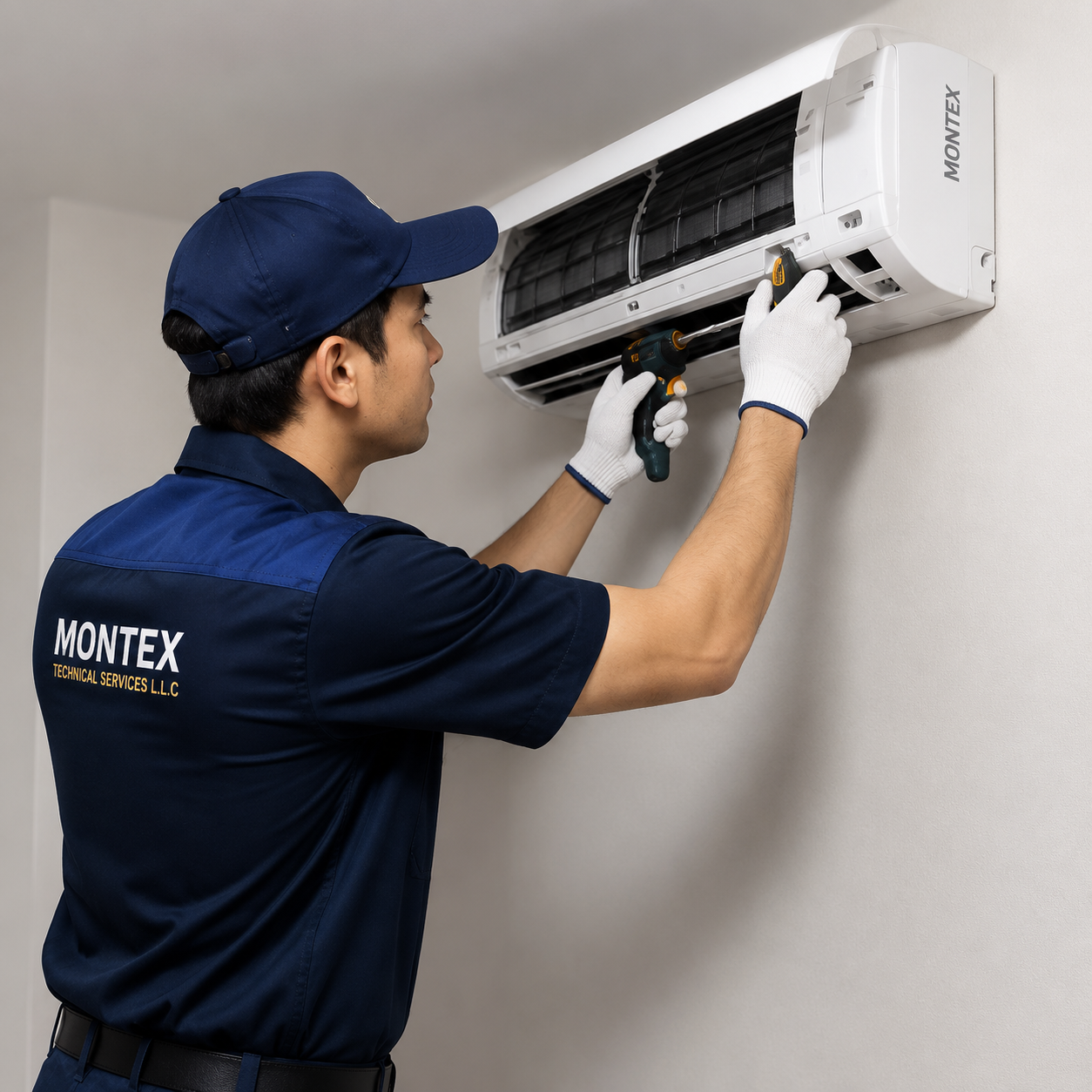Technician repairing air conditioning unit